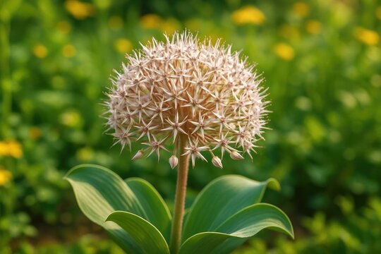 Summer garden scene featuring Allium karataviense and vibrant bulbous blooms