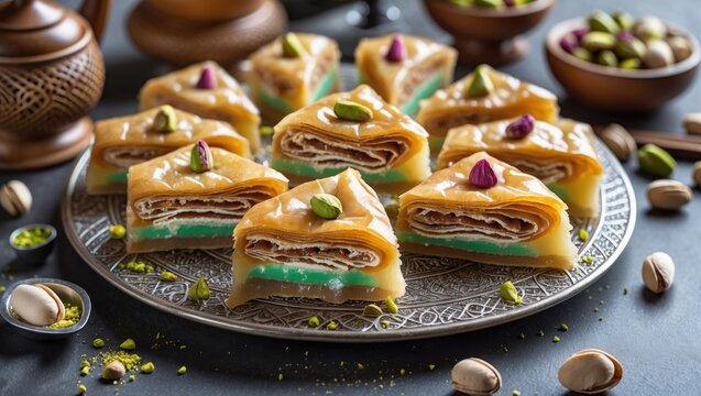 Sweet flaky dessert with pistachio filling