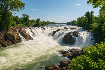 Fototapeta premium Overview of a large waterfall located among the four thousand islands in the Mekong River region