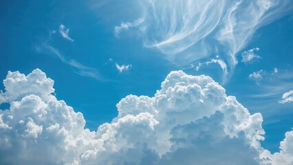 White billowy clouds shining brightly in the clear azure sky