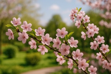 Obraz premium Sunlit branch adorned with pink blossoms