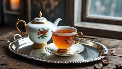 Classic luxurious tea service with a porcelain cup and teapot placed on a silver tray