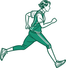 Fototapeta premium Green and white line art illustration of a woman running in profile