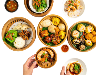 A vibrant assortment of Chinese dim sum dishes in bamboo steamers featuring dumplings siu mai and shrimp.
