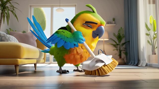cute cartoon parrot mops the floor in a modern apartment
