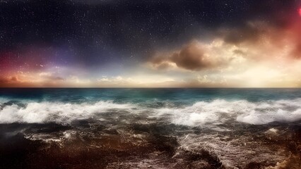 Dramatic dark storm clouds loom over the stormy ocean and waves crash on the coast under a turbulent sky