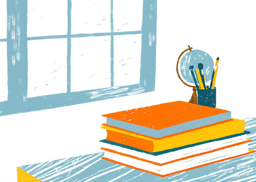 Creative flat illustration of stacked books, globe, and pencils on wooden desk near bright window. Back to school, studying, and knowledge concept."

