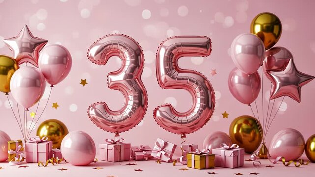 Celebratory 35th birthday with pink and gold balloons and presents