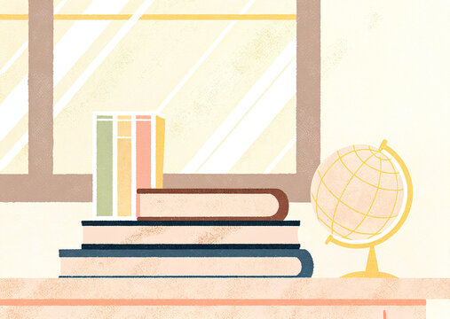 Colorful school supplies on desk with books, stationery, and globe. Education background, classroom or home learning illustration