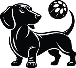 Dachshund Looking at Ball – Black and White Silhouette Vector
