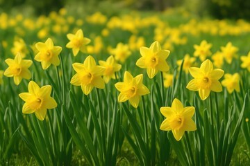 Obraz premium Colorful spring garden showcasing blossoming yellow daffodils and lush greenery