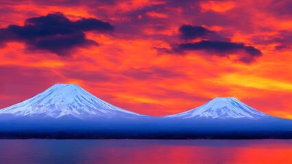 Snow-capped Mount Fuji reflects over a lake at sunset, a serene winter landscape