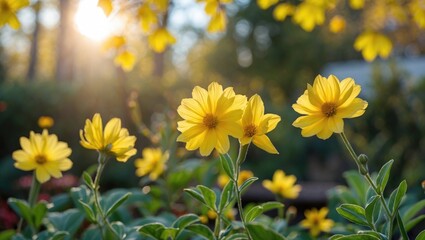 Fall season's yellow flower display in the yard