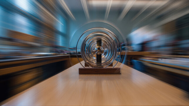 A spinning wheel experiment captured with motion blur, demonstrating angular momentum in a physics lab. Suitable for education, science illustrations, and textbook visuals.