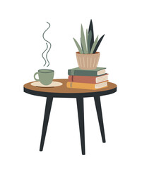 Vector illustration of a cozy composition with a stack of books, potted plant, and hot tea on a coffee table, isolated on transparent background. Leisure, study, hobby, or exam preparation
