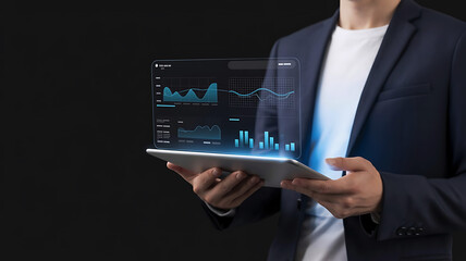 Businessman holding a tablet displaying a futuristic holographic financial data analysis and stock market charts