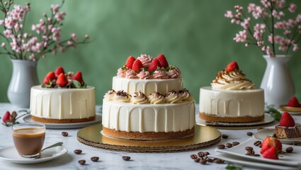 Delicious mousse cakes with a reflective mirror glaze presentation on a lush green surface, demonstrating pastry craftsmanship