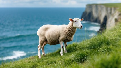 Obraz premium Sheep in white standing before a blue sea with a grassy cliff behind it