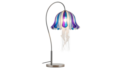 Modern jellyfish table lamp with colorful glass shade isolated on transparent background, a stylish and artistic lighting fixture for home decor