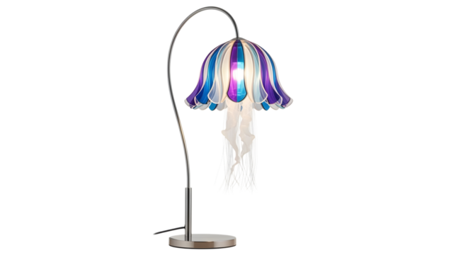 Modern jellyfish table lamp with colorful glass shade isolated on transparent background, a stylish and artistic lighting fixture for home decor
