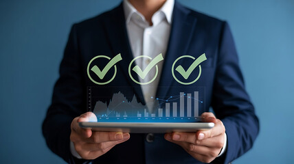 Businessman holding a tablet displaying a successful checklist with financial growth charts and graphs