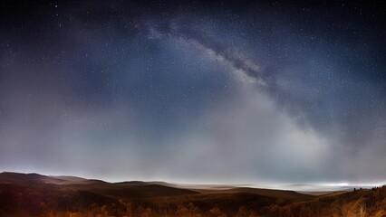 A vivid rainbow arcs over a dramatic mountain landscape with dark storm clouds and a bright sunset