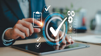 Business professional interacting with a digital interface displaying a large checkmark and quality control icons