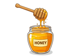 Honey Jar with Wooden Dipper and Dripping Golden Honey | Sweet Natural Food Clipart | Organic Bee Product | Cartoon Vector for Label, Logo, Design