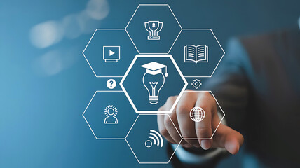 Person touching a glowing digital interface displaying educational icons and a lightbulb with a graduation cap