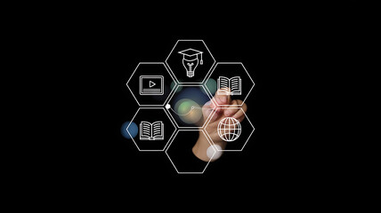 Human hand interacting with futuristic hexagonal interface displaying glowing icons representing knowledge and technology