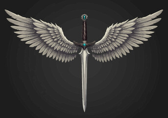Sword with Wings Icon Vector | Angel Warrior Blade Symbol | Fantasy Weapon Silhouette Graphic | Strength, Power, Protection, Mythical Clipart PNG