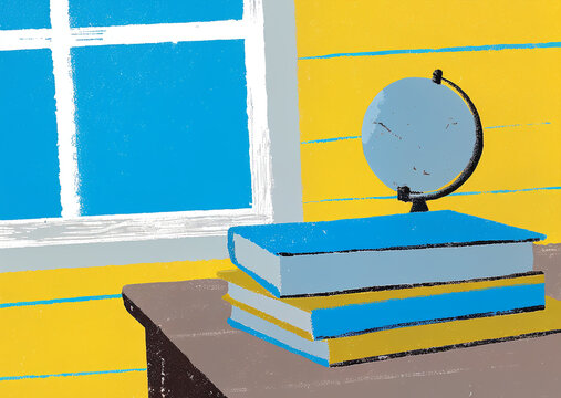 Stack of colorful textbooks with small globe and pencil holder on desk. Education and learning workspace illustration