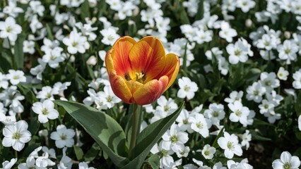 Single ornamental tulip flower amidst white violets in a garden.
