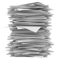 Tall stack of paper documents isolated on transparent background