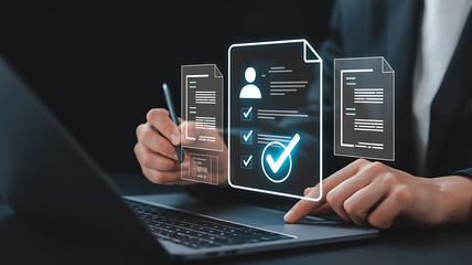 Business professional reviewing digital documents and data on a futuristic holographic interface