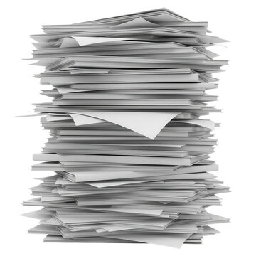 Tall stack of paper documents isolated on transparent background