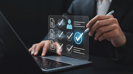 Business professional using a stylus to check off items on a digital checklist displayed on a transparent screen