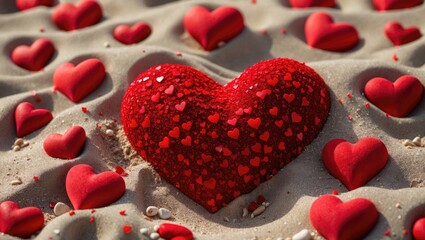 Sandy shoreline with vibrant red love symbols