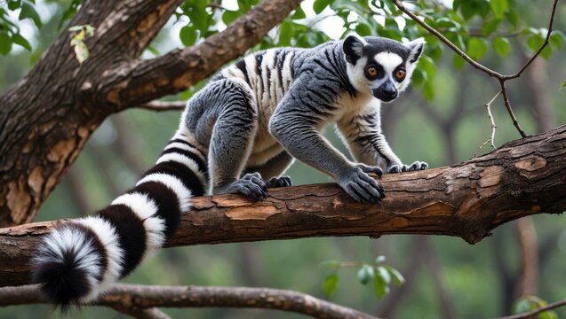 Black and white primate resting on a limb