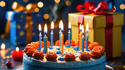 Close-up of a birthday cake with glowing candles next to a yellow present tied with a red bow