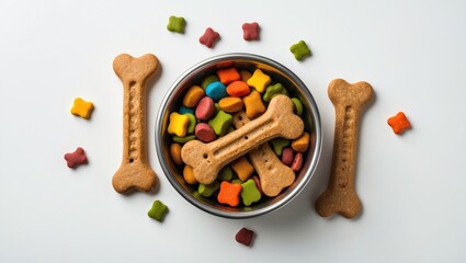 Single dog bowl with biscuits displayed on a plain white surface