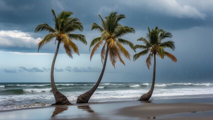 Tropical Palm Trees Standing Tall Along the Coast Amidst Approaching Rain