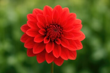 Bright red dahlia set against a softly blurred greenery