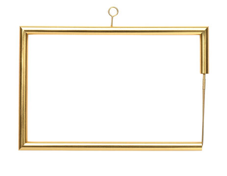 Golden rectangular bar chime a zenergy instrument with a hanging loop and metal striker.