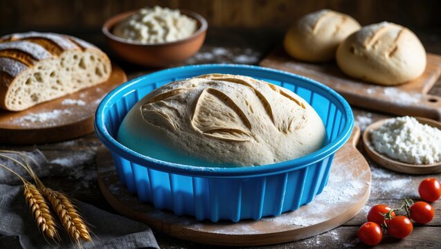 Dough for bread or pizza stored in a blue plastic basin before baking process