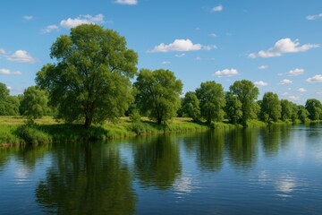 Fototapeta premium Vibrant summer view featuring flourishing trees beside a river