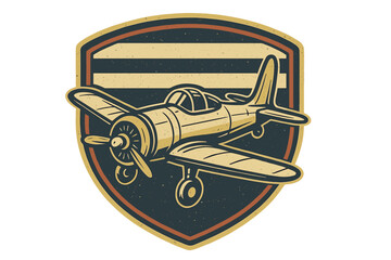 Vintage aircraft emblem with a propeller plane on a shield background. Retro military aviation logo for an air force patch. Classic historic flight concept with grunge texture.