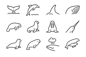 Naklejka premium Outline illustrations of various marine mammals on gray background