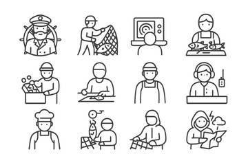 Marine professions and skills icons: diverse maritime occupations icon set