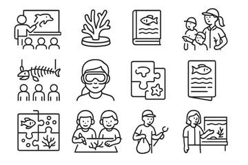 Fototapeta premium Marine education icons: ocean conservation and wildlife learning elements